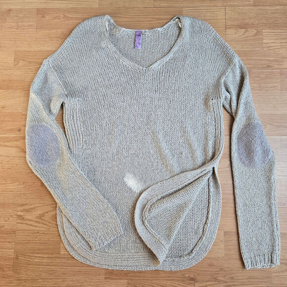 Alya Womens Open Knit Sweater M Elbow Patches Semi Sheer Beachy Boho Cottage - Picture 2 of 11